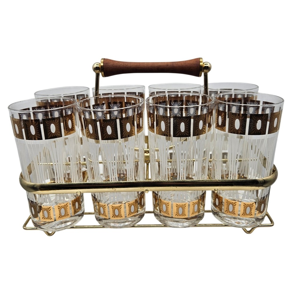 Set of 8 MCM Fred Press Frosted 22Kt Trim High Ball Glasses in‎ a Brass Caddy